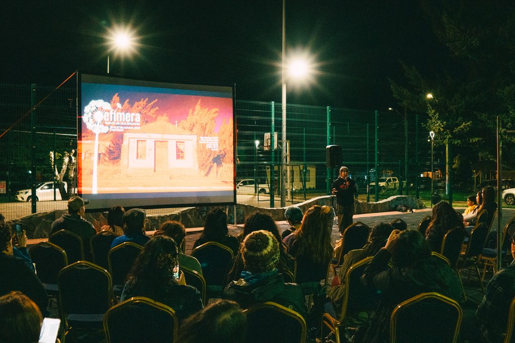 Publico disfrutando de una funcion de cine al aire libre en Coyhaique durante el festival EFIMERA.